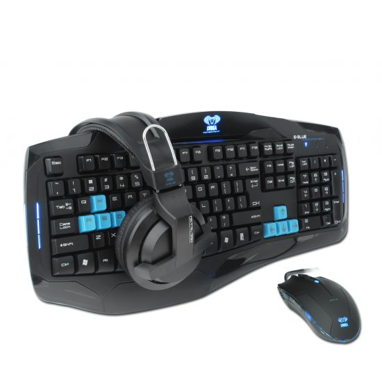 E-BLUE Sada klávesnice EKM828, herní, černo-modrá, drátová (USB), US, s myší Cobra, a sluchátky Cobra X